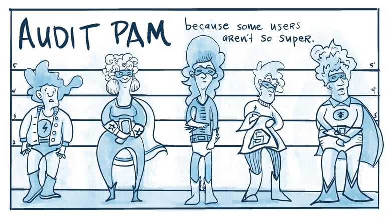 A lineup of “Pams” wearing superhero costumes with a message above them that reads “Audit PAM because some users are not so super.”