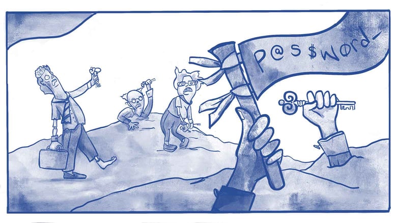 Illustration depicting zombies holding keys and passwords emphasizing the importance of credential management.