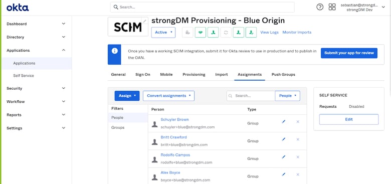 Okta UI SCIM StrongDM provisioning