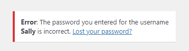 An error message that tells the user that the password they entered for the username Sally is incorrect.