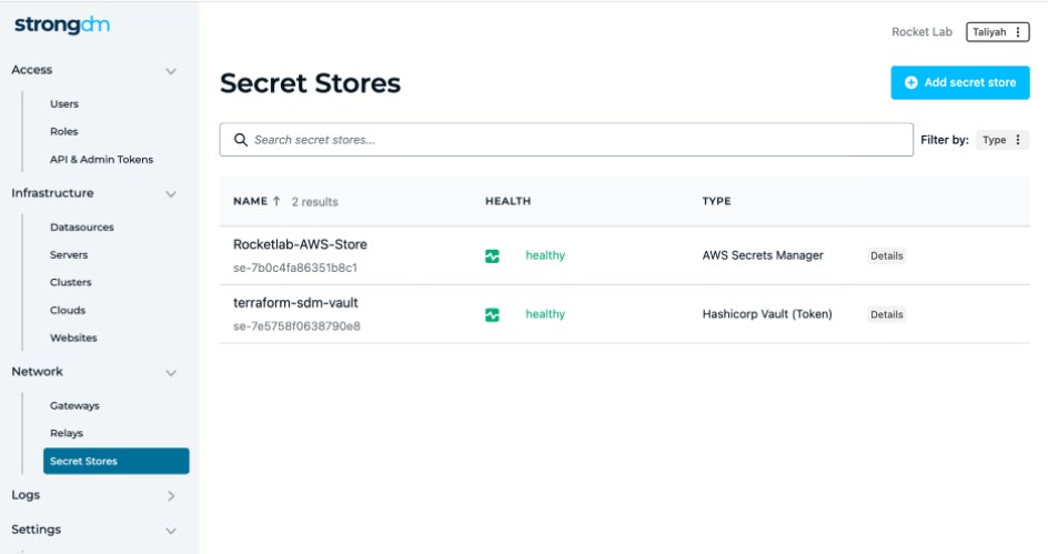 UI screenshot of StrongDM with multiple native integrations with Secret Store solutions