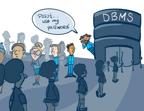 Users in line waiting to get into a DBMS with a caption of someone saying 