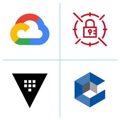 A grid of four logos including Google Cloud Platform, Amazon Web Services, CyberArk, and Hashicorp Vault