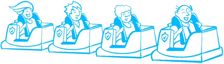 Illustration of a roller coaster with safety harnesses worn by riders.