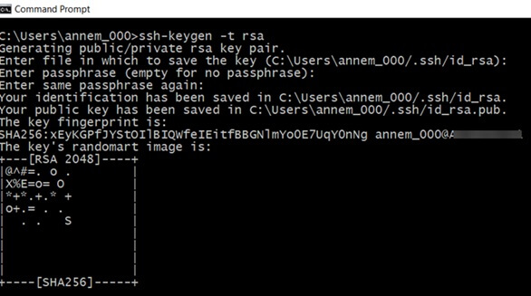 Command line screenshot of using ssh-keygen to generate a key pair