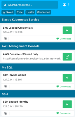 StrongDM app UI showing available infrastructure resources