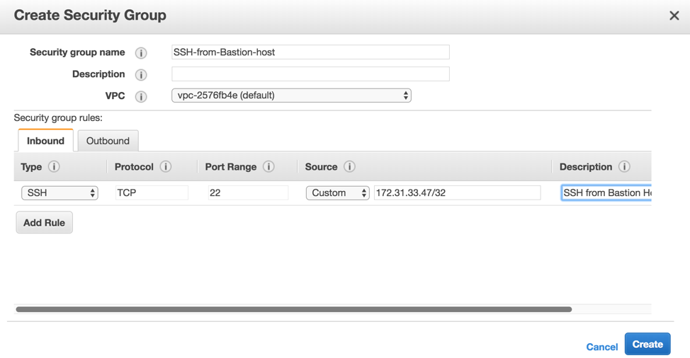 Create a jump box security group description