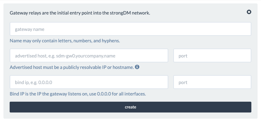 StrongDM UI for creating a new gateway