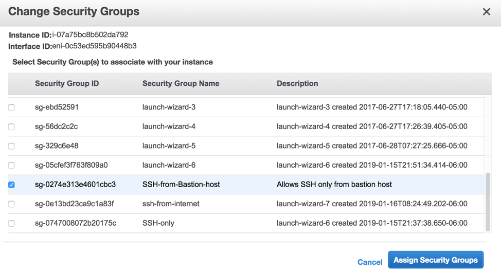 AWS interface to assign security groups