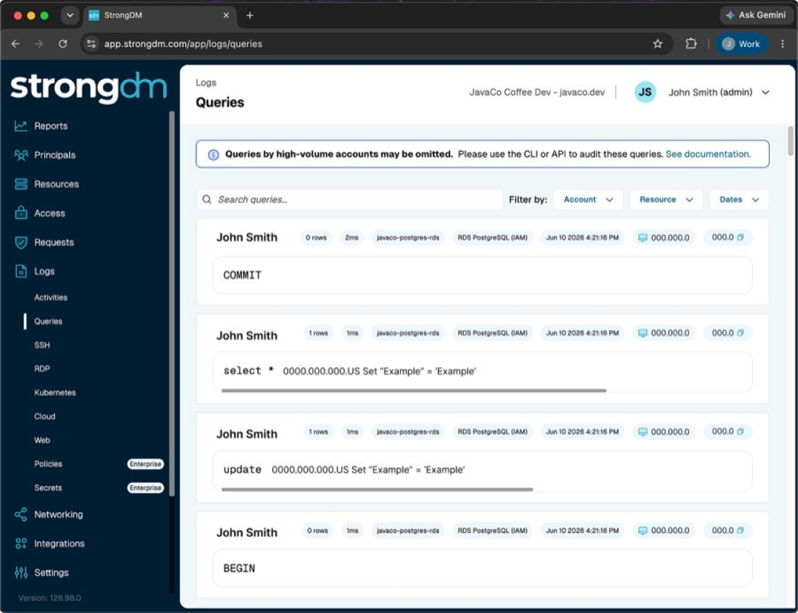 SSH session replay log with duration, authentication method, and command detail