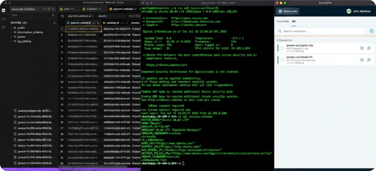 Developer tools connected through StrongDM: database client, SSH terminal, and the StrongDM desktop client