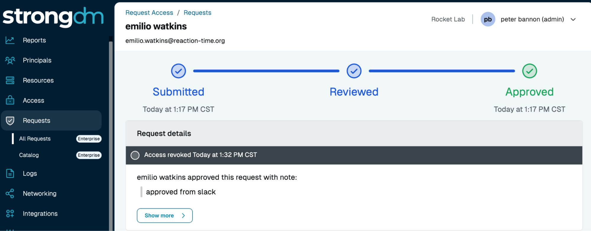 Access request timeline from submitted through revoked