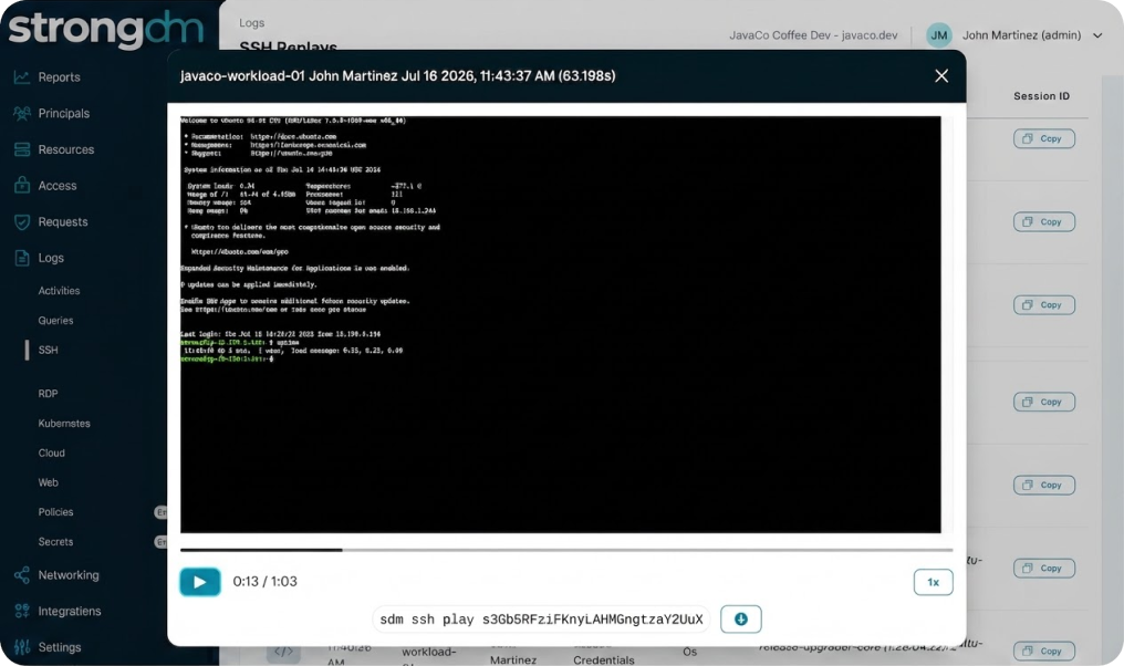 Session audit trail with recorded activity detail