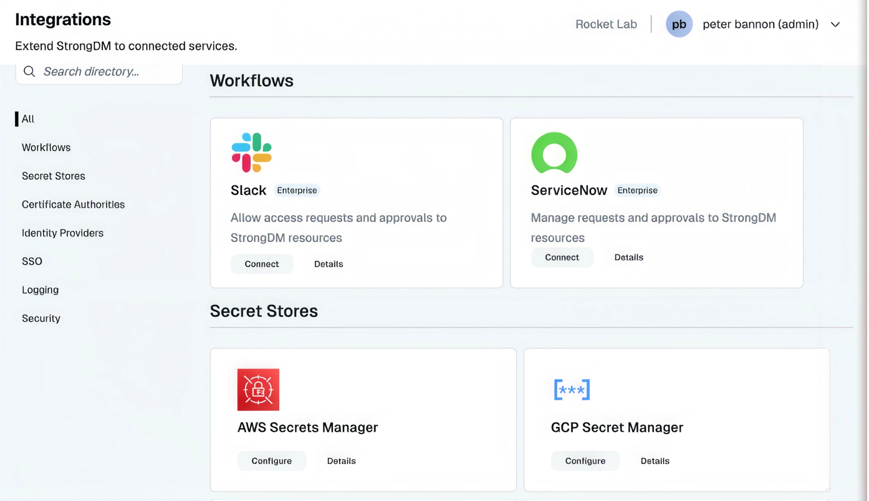 StrongDM integrations directory showing Slack, ServiceNow, AWS Secrets Manager, and GCP Secret Manager