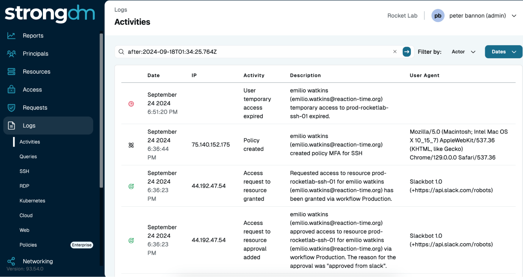 StrongDM activity log showing access requests, approvals, and expirations in real time