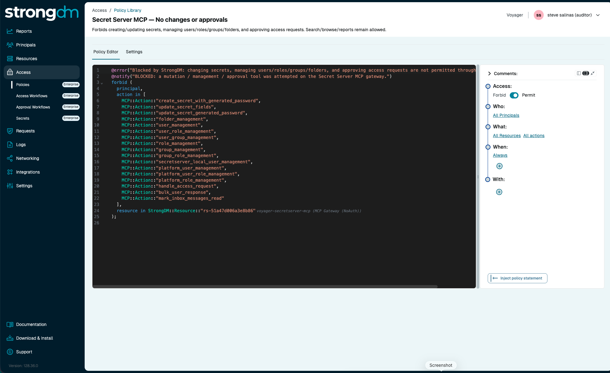 StrongDM policy screen governing AWS, Azure, and GCP resources under the same rule