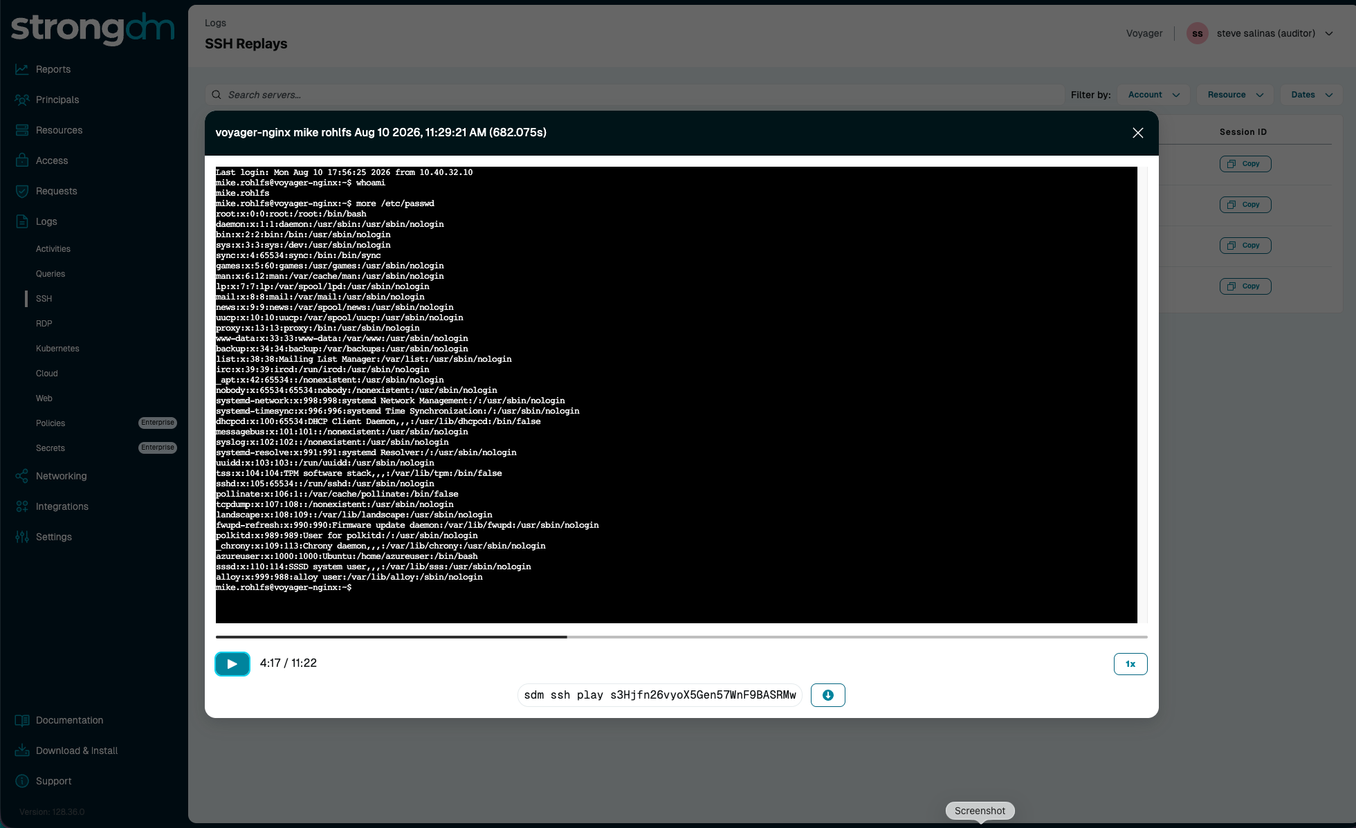 StrongDM session replay of a network device session